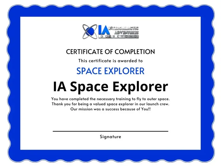 An IA Space Explorer certificate of completion