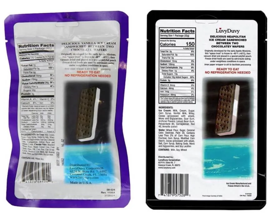 Back of two Freeze-Dried Astronaut Ice Cream packs showing the Nutrition Facts panel and ingredients. Contains: Milk, Wheat, Soy.